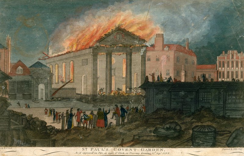 St. Pauls Church, Covent Garden, Londen, zoals het verscheen in brand om 8 uur op de avond van 17 september 1795 door English School