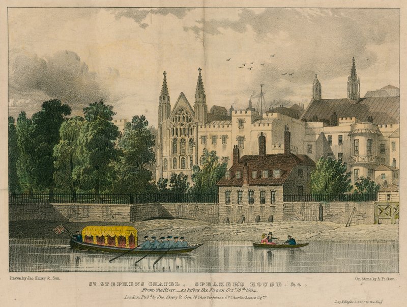 St. Stephens Kapel, Speakers House, enz., Westminster, Londen, vanaf de rivier de Theems door English School