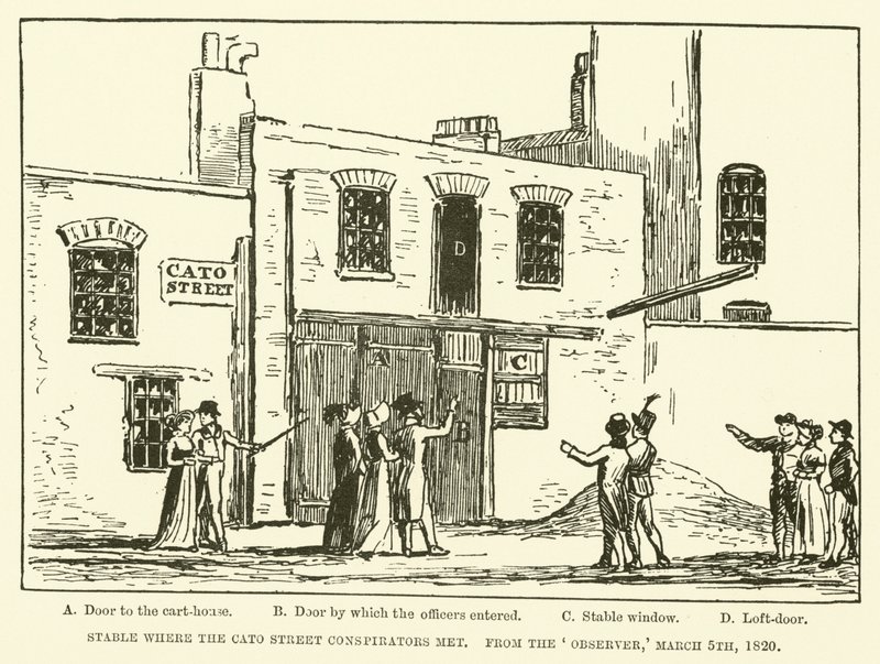 Stal waar de Cato Street-samenzweerders bijeenkwamen, uit de Observer, 5 maart 1820 (gravure) door English School