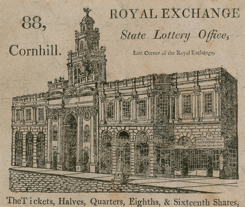 Staatsloterijkantoor, oosthoek van de Royal Exchange, 88 Cornhill, Londen door English School