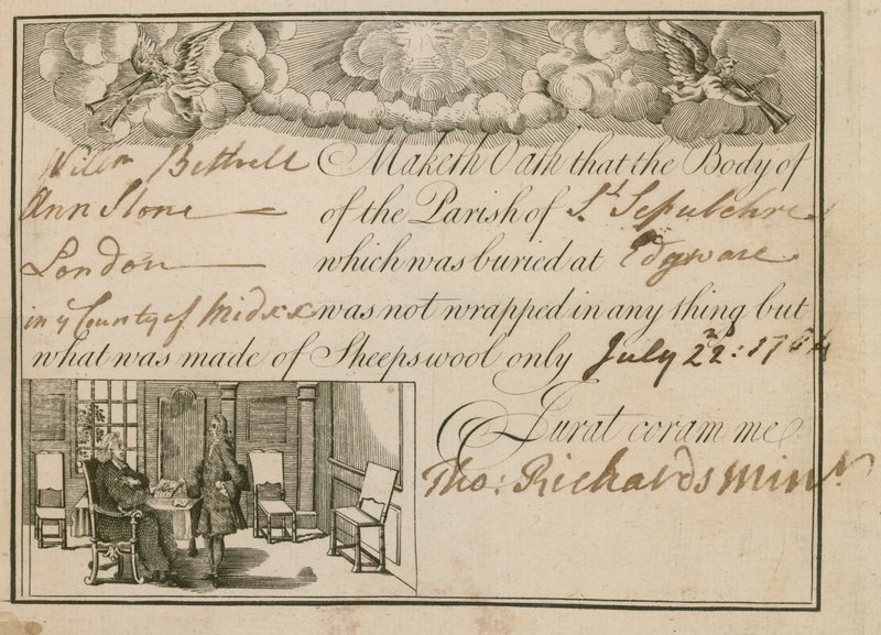 Verklaring dat Ann Slone werd begraven in schapenwol, 1784 door English School