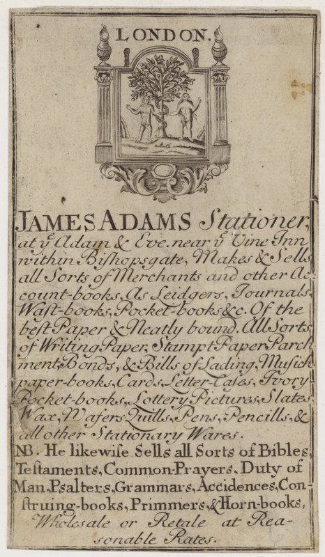 Kantoorboekhandelaar, James Adams, handelskaart door English School