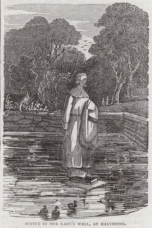 Standbeeld in Onze-Lieve-Vrouwebron, bij Halystone (gravure) door English School