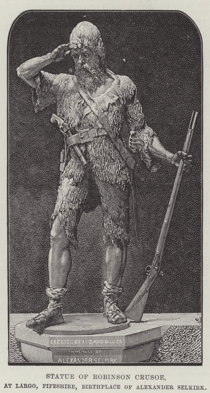 Standbeeld van Robinson Crusoe, in Largo, Fifeshire, Geboorteplaats van Alexander Selkirk (gravure) door English School