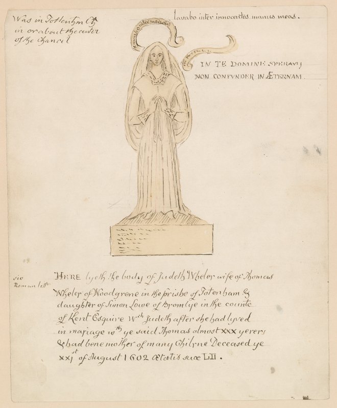 Standbeeld, graf van Judeth Wheler die stierf op 21 augustus 1602 door English School