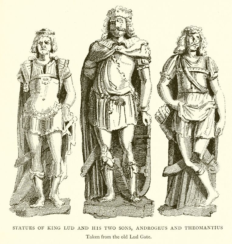 Standbeelden van koning Lud en zijn twee zonen, Androgeus en Theomantius door English School