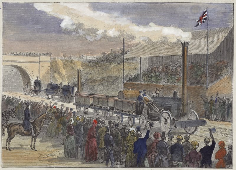 Stephensons Rocket komt als eerste binnen bij de locomotiefwedstrijd in Rainhill in 1829 door English School