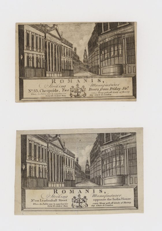 Kousenfabrikanten, Romanis, op Cheapside en daarna op Leadenhall Street, handelskaart door English School