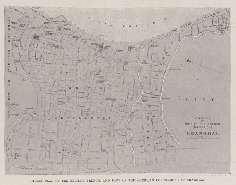 Straatplan van de Britse, Franse en een Deel van de Amerikaanse Concessies in Shanghai door English School