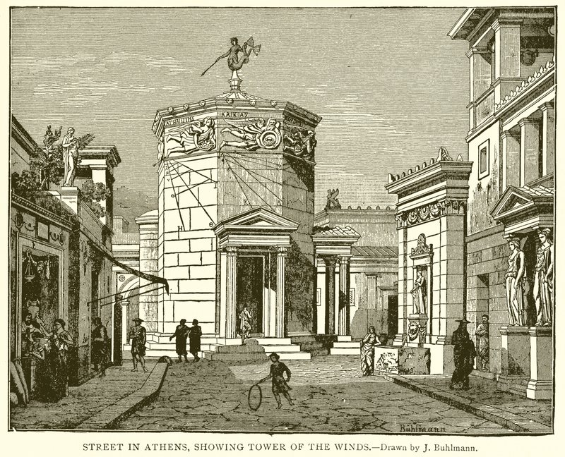Straat in Athene, met de Toren van de Winden door English School