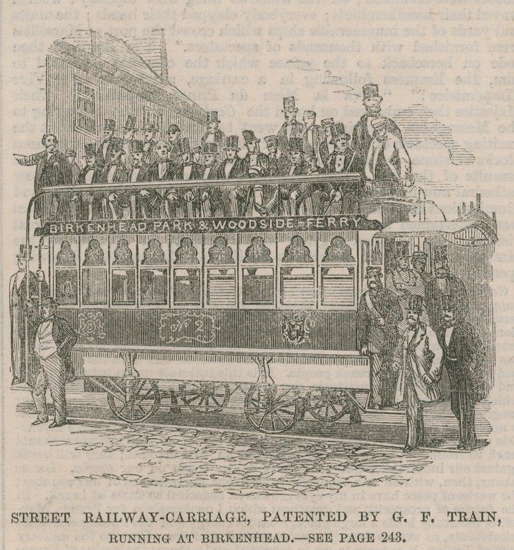 Straatspoorwegwagen, gepatenteerd door G F Train, rijdend in Birkenhead door English School