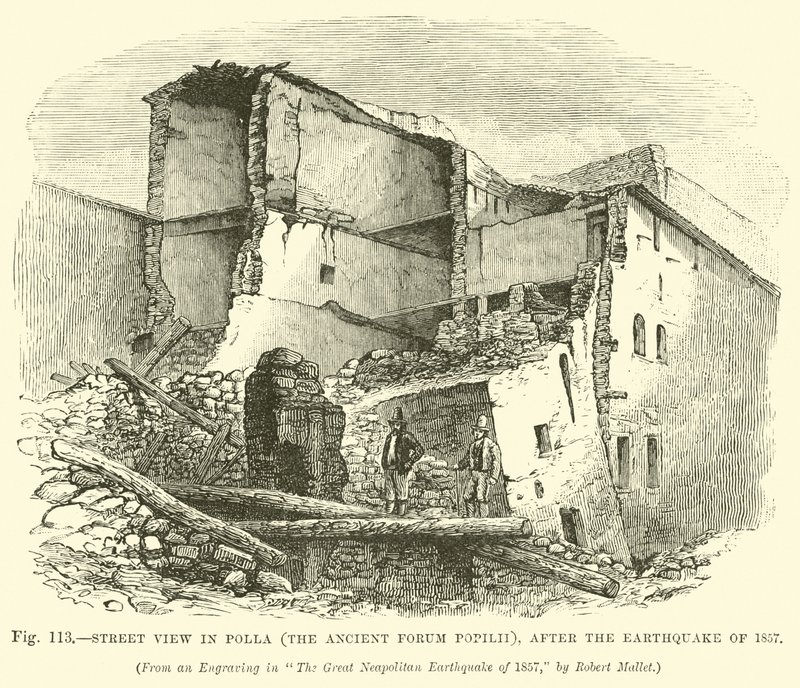 Straatbeeld in Polla (het oude Forum Popilii), na de aardbeving van 1857 door English School