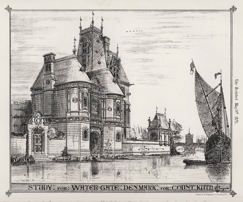 Studie voor Waterpoort, Denemarken voor Graaf Kuth (gravure) door English School