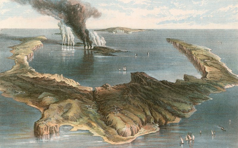Onderzeese vulkaan - het eiland Santorini, tijdens de uitbarsting van 1866 door English School
