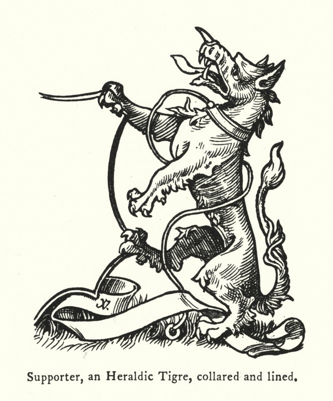 Steun, een Heraldieke Tijger, geketend en gelijnd door English School