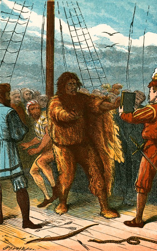 Verrassing van de grote inboorling bij het zien van zijn eigen reflectie door English School