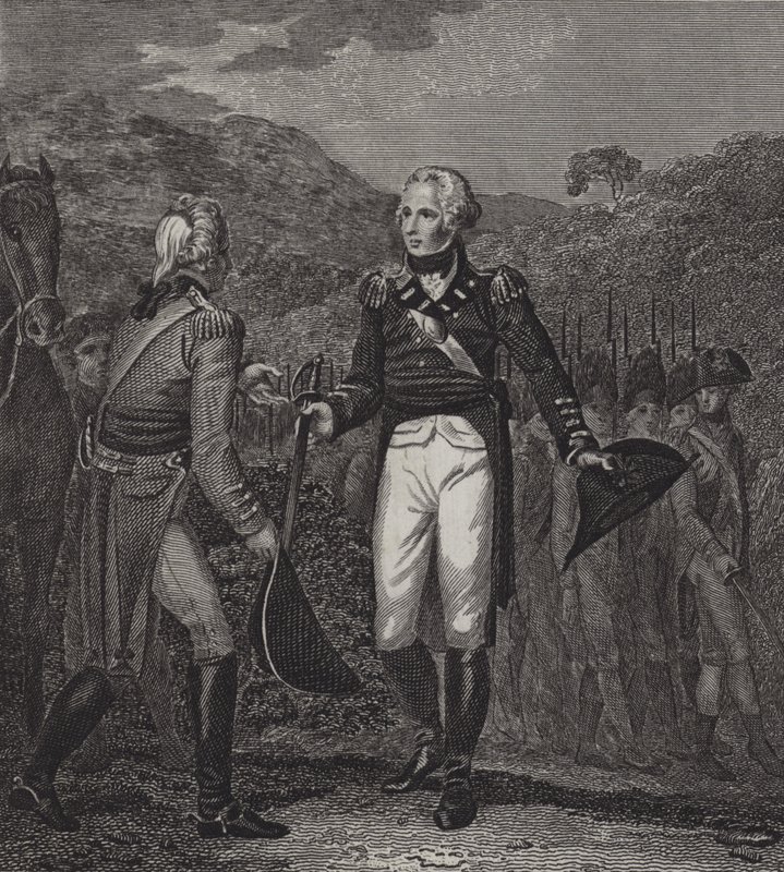 Overgave van het leger van Generaal Burgoyne bij Saratoga, 1777 door English School