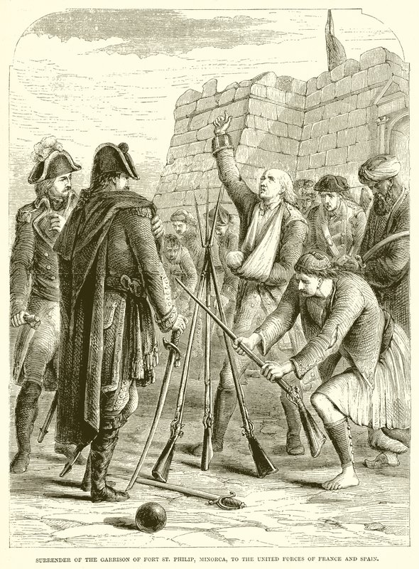 Overgave van het garnizoen van Fort St. Philip, Minorca, aan de verenigde troepen van Frankrijk en Spanje door English School