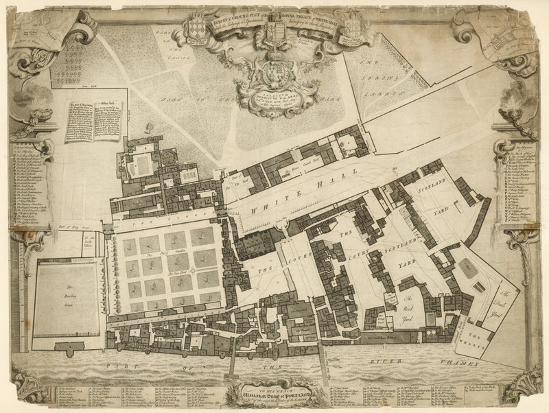 Onderzoek en grondplan van het Koninklijk Paleis van Whitehall, 1680, met de verblijven en appartementen van hun Majesteiten door English School