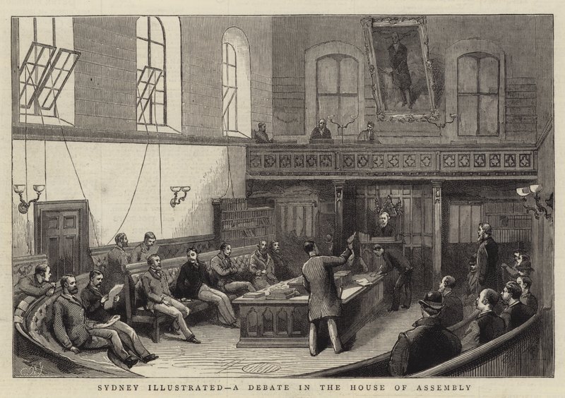 Sydney geïllustreerd, een debat in het Huis van Afgevaardigden door English School
