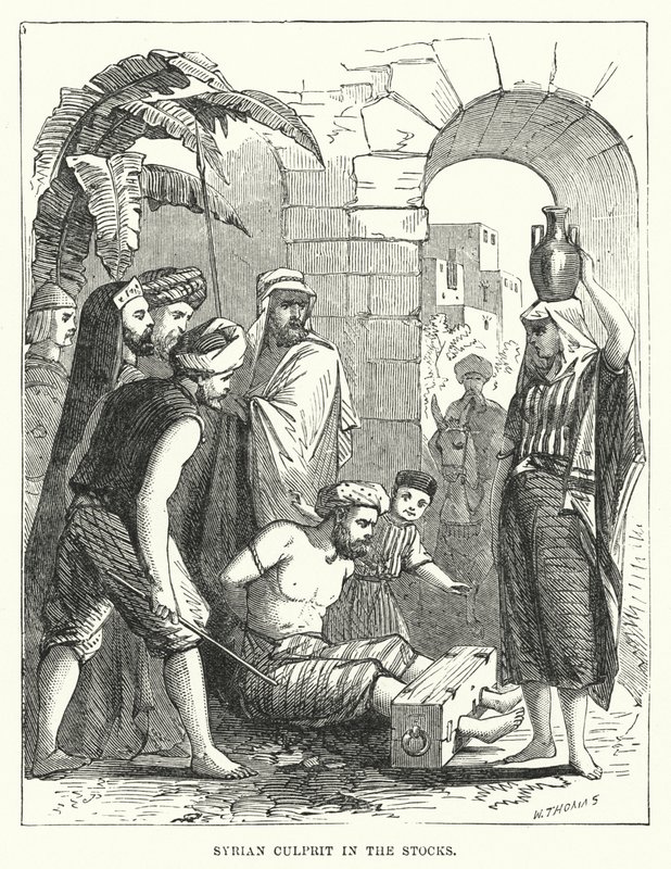 Syrische misdadiger in de schandpaal (gravure) door English School