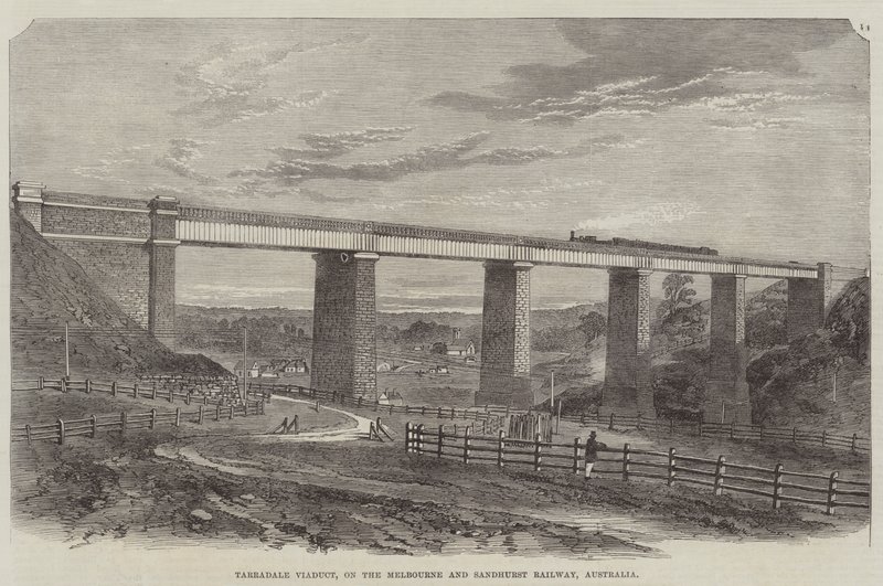Tarradale Viaduct, op de Melbourne en Sandhurst Railway, Australië (gravure) door English School