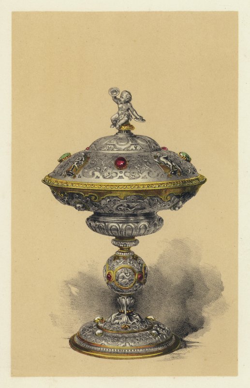 Tazza met deksel, in zilver bezet met edelstenen door English School