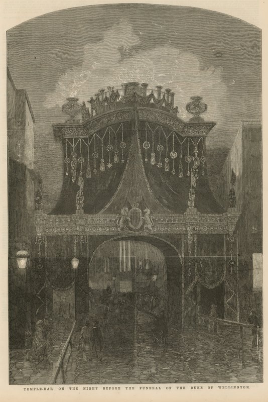 Temple Bar de nacht voor de begrafenis van de Hertog van Wellington door English School
