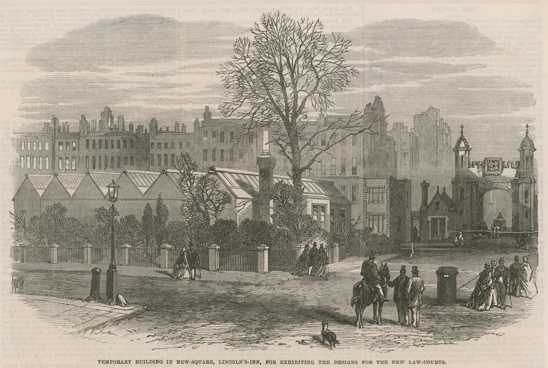 Tijdelijk gebouw in New Square, Lincolns Inn, voor het tentoonstellen van de ontwerpen voor de nieuwe Rechtbanken door English School