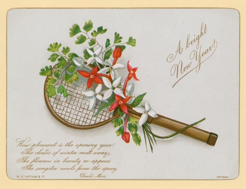 Tennisracket en bloemen, nieuwjaarskaart door English School