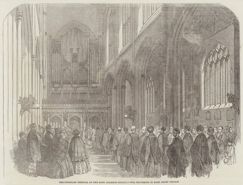 Tercentenary Festival van de Bath Grammar-School, de processie in Bath Abbey Church door English School