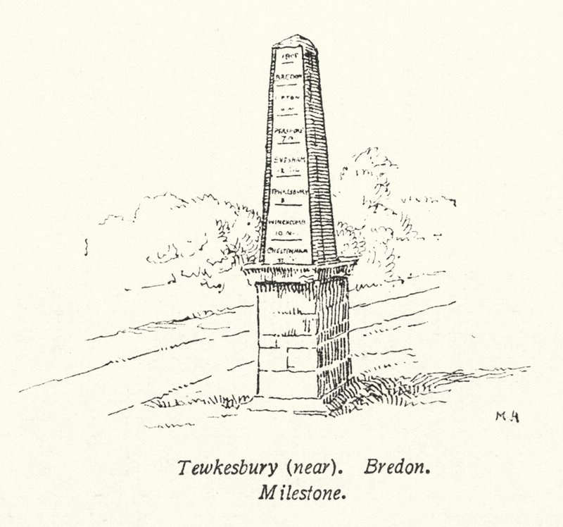 Tewkesbury, bij Bredon, Milestone (litho) door English School