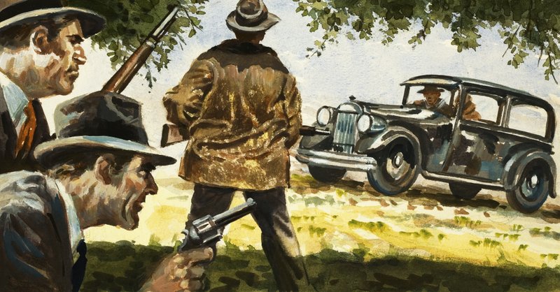 Texas Rangers leggen een hinderlaag voor een auto bestuurd door Bonnie en Clyde door English School