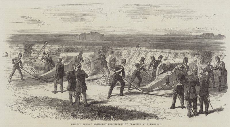 De 2e Surrey Artillery Volunteers bij oefening in Plumstead (gravure) door English School