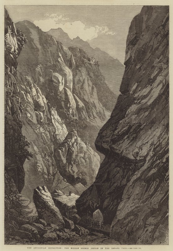De Abessijnse Expeditie, de Midden Sooroo Kloof in de Senafe Pas (gravure) door English School