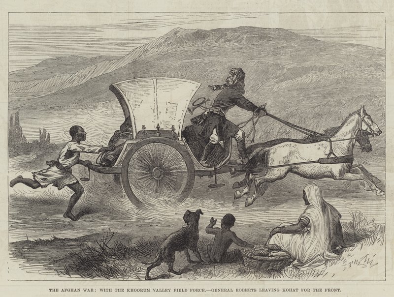 De Afghaanse Oorlog, met de Khoorum Valley Veldmacht, Generaal Roberts vertrekt van Kohat naar het Front (gravure) door English School