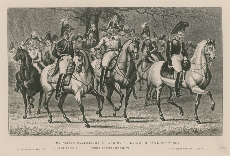 De Geallieerde Vorsten bij een parade in Hyde Park, 1814 door English School