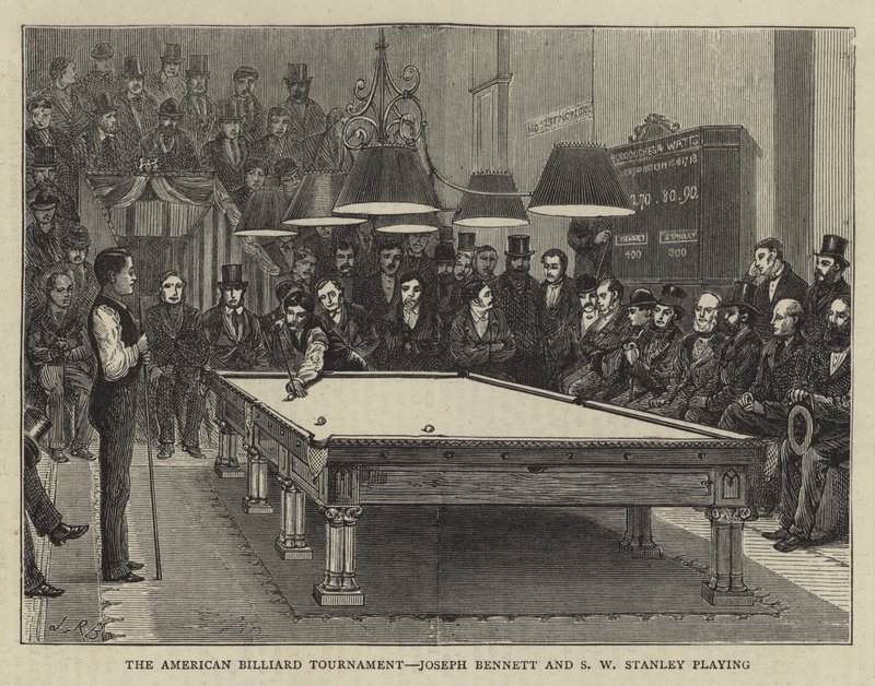 Het Amerikaanse biljarttoernooi, Joseph Bennett en S W Stanley spelen (gravure) door English School