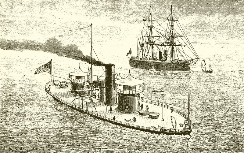 Het Amerikaanse tweelingtorenschip Miantonoma en ijzeren schip door English School