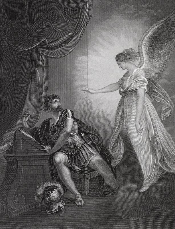 De engel die aan Cornelius verschijnt, Handelingen, Hoofdstuk 10, vers 4 (gravure) door English School