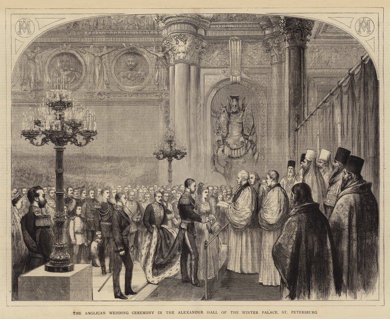 De Anglicaanse Huwelijksceremonie in de Alexanderzaal van het Winterpaleis, St. Petersburg (gravure) door English School