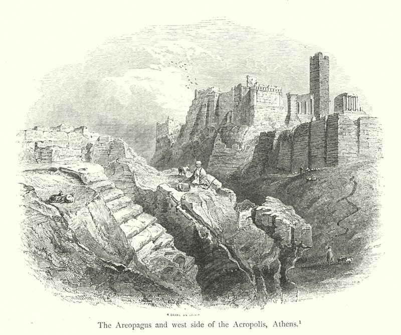 De Areopagus en westzijde van de Akropolis, Athene door English School