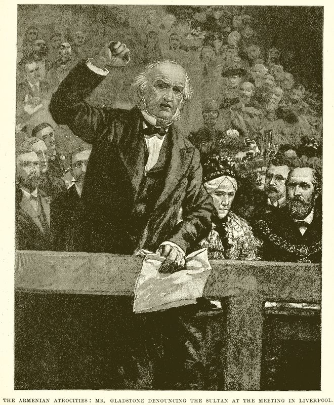 De Armeense Wreedheden: Mr. Gladstone die de Sultan Veroordeelt op de Bijeenkomst in Liverpool door English School