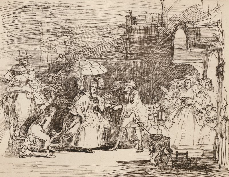 De Aankomst van de Rijke Verwant, naar Wilkie, uit een Pen en Inkt Tekening door English School