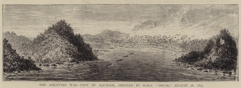 De Ashantee Oorlog, Uitzicht op Aquidah, beschoten door HMS "Druid", 28 augustus 1873 (gravure) door English School