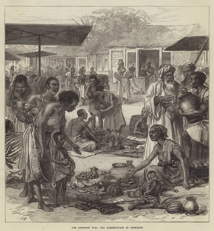 De Ashantee-oorlog, de markt in Coomassie door English School