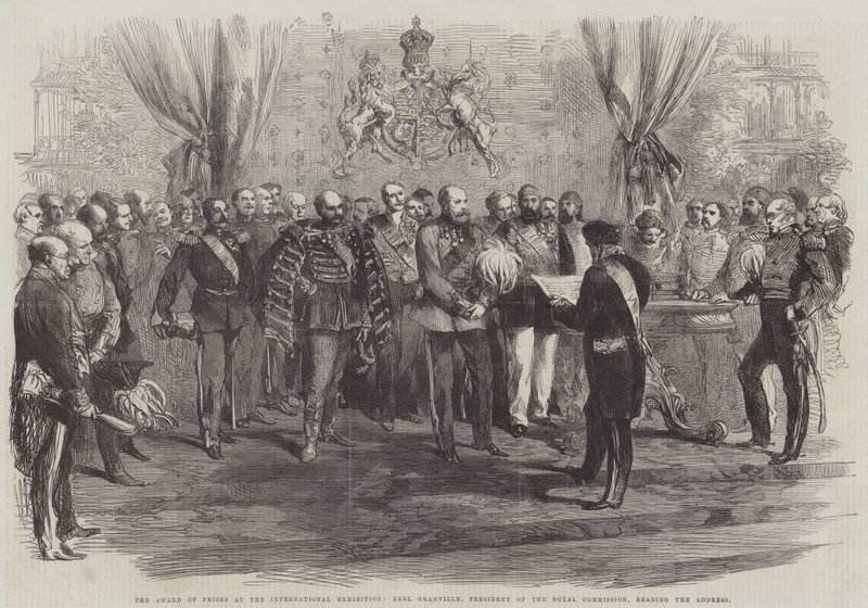 De Prijsuitreiking op de Internationale Tentoonstelling, Graaf Granville, Voorzitter van de Koninklijke Commissie, leest het Adres door English School