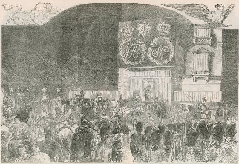 Het bal costumé bij de Franse ambassade, Albert Gate House - Aankomst van Hare Majesteit door English School
