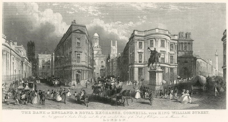 De Bank of England en Royal Exchange, Cornhill, met King William Street door English School