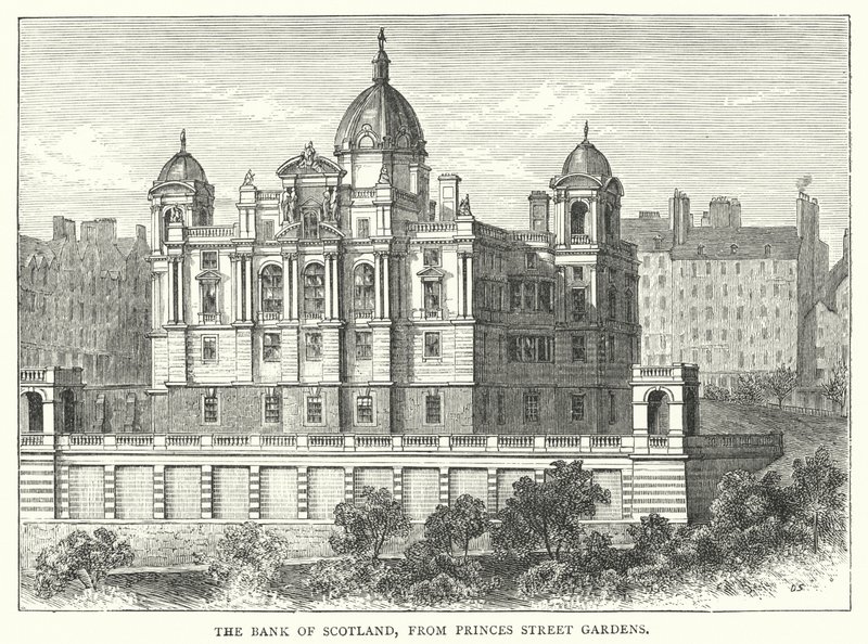 De Bank van Schotland, vanaf Princes Street Gardens (gravure) door English School